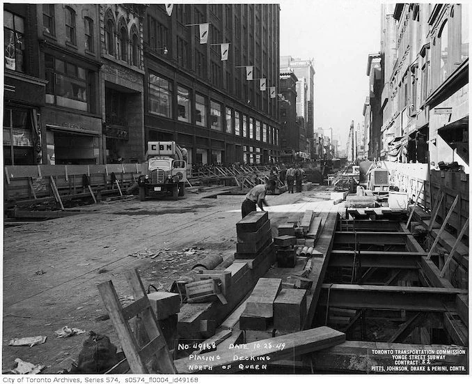 Concrete and Aggregates Supplier in Ontario - 1949 photo of a CBM truck at Yonge Street subway construction in Toronto